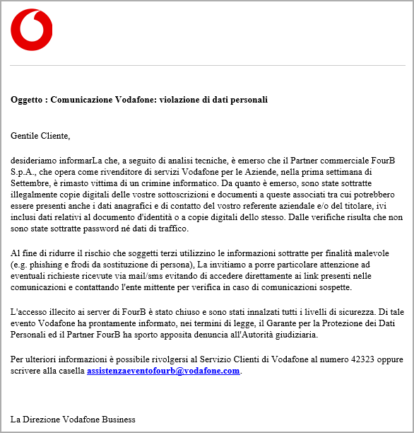 Vodafone Italia data breach notice