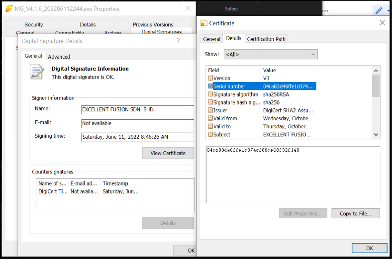 A stolen valid certificate that signs most DiceyF tools