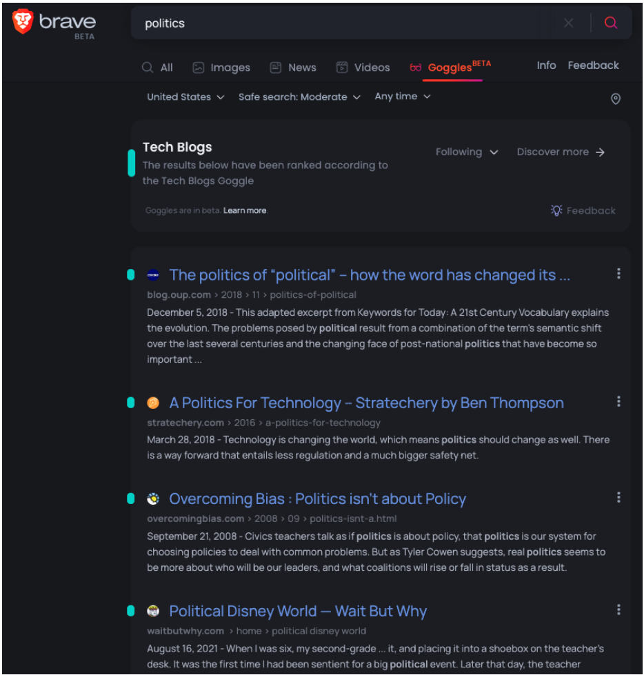 Brave Search results with the Tech Blogs Goggle