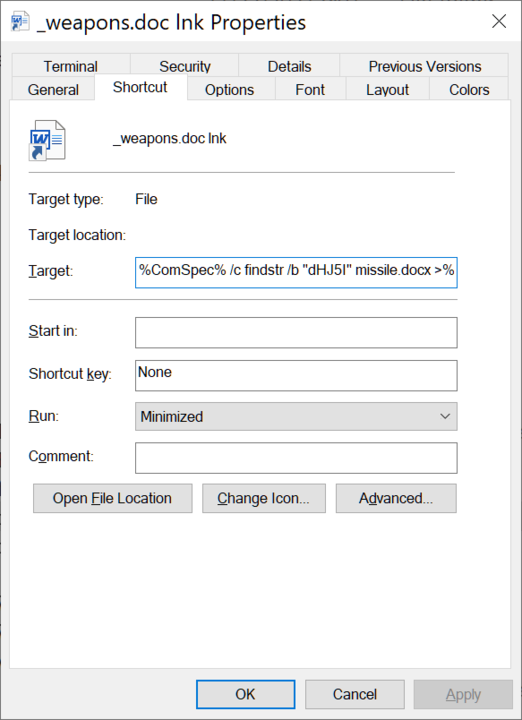 Malicious shortcut file