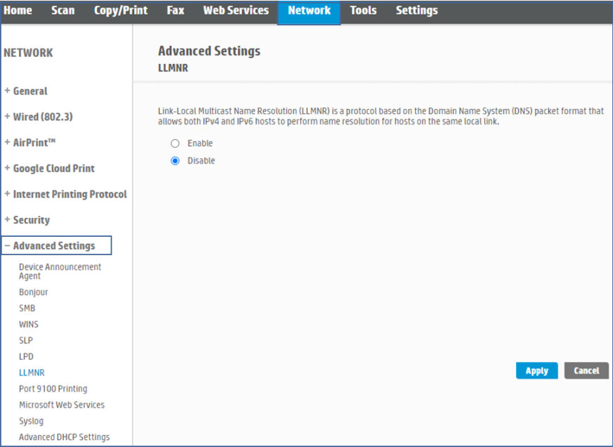 Disabling LLMNR from printer's network settings