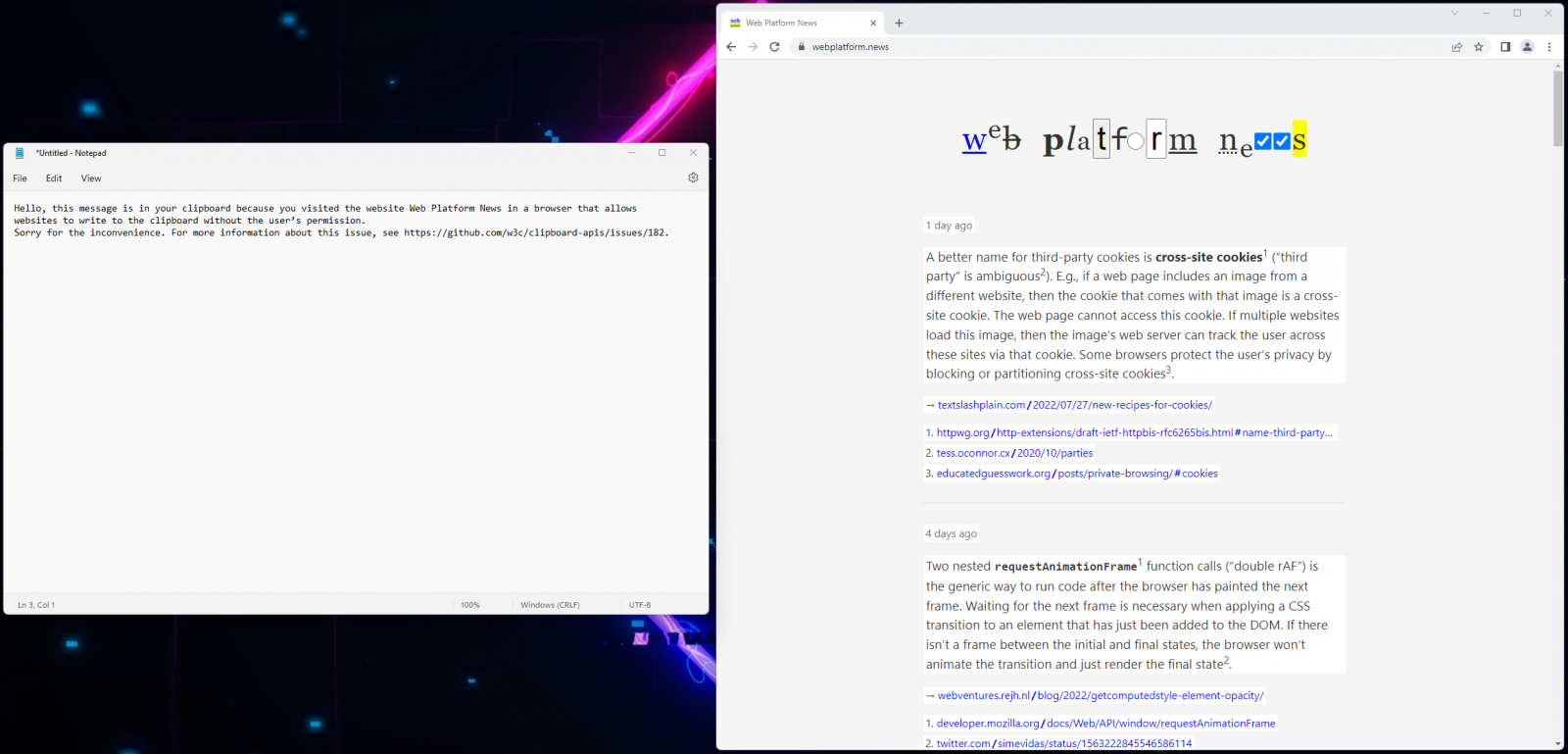 Clipboard overwritten by visiting a web page on Chrome