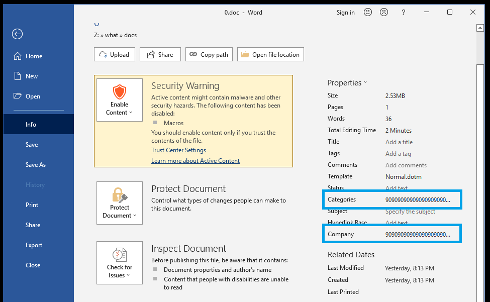 Shellcode in document properties