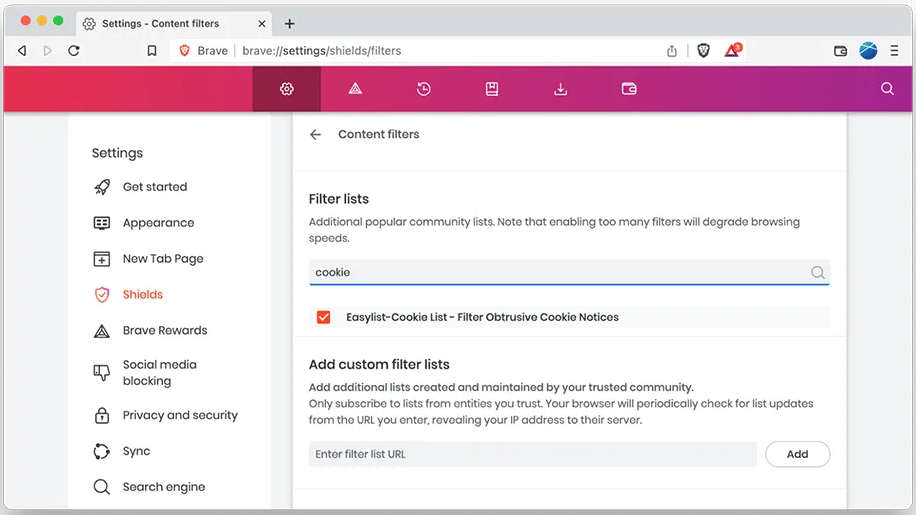 Setting to activate cookie blocking on Brave