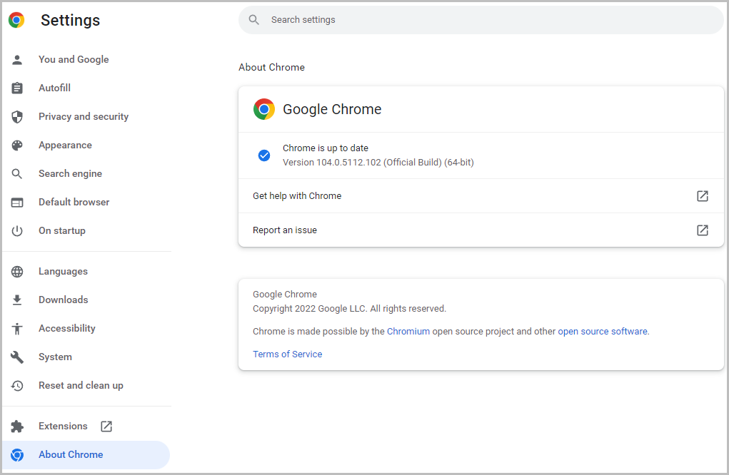 Chrome update screen
