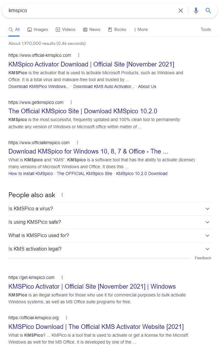 Most Google Search results for KMSPico return sites that claim to be official