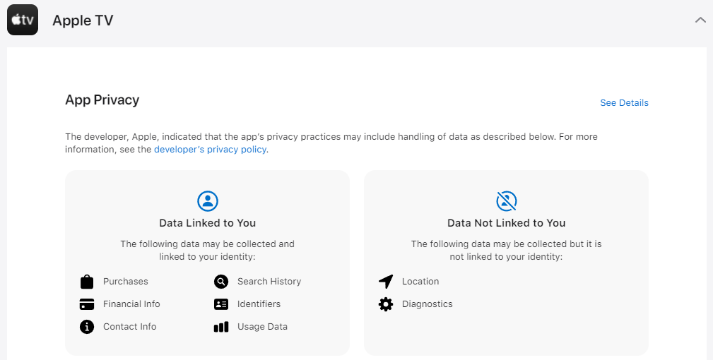 Resumen de recopilación de datos de Apple TV