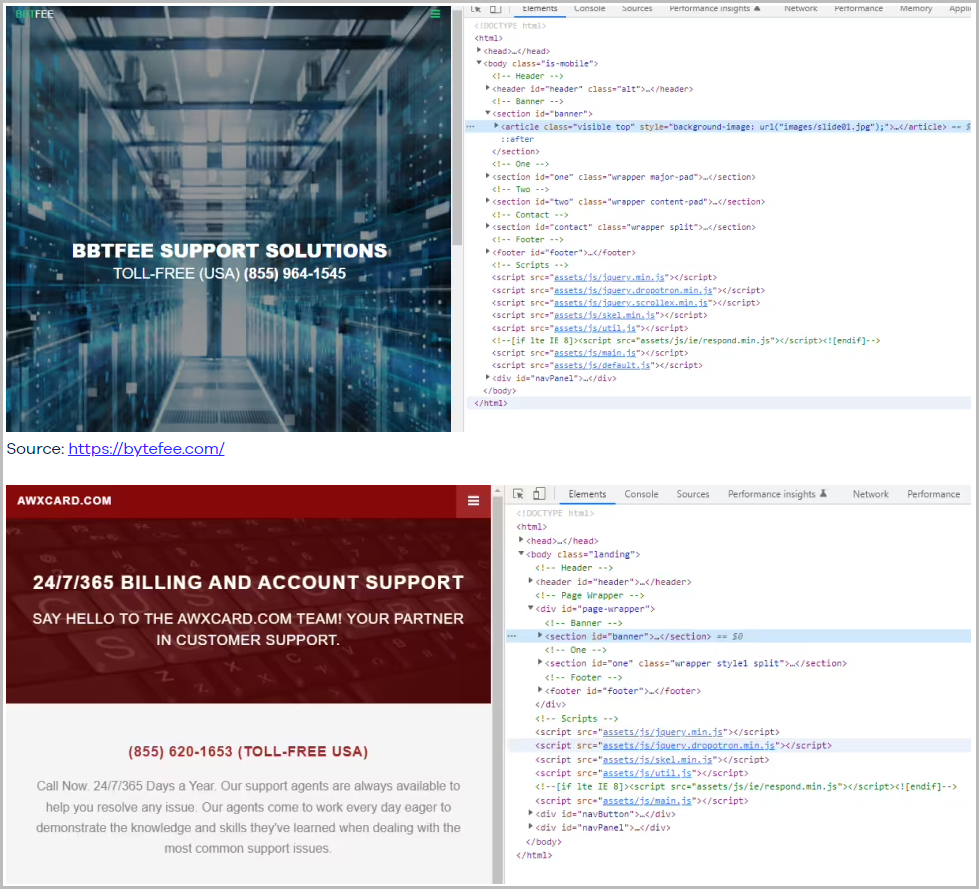 Two of the customer support sites