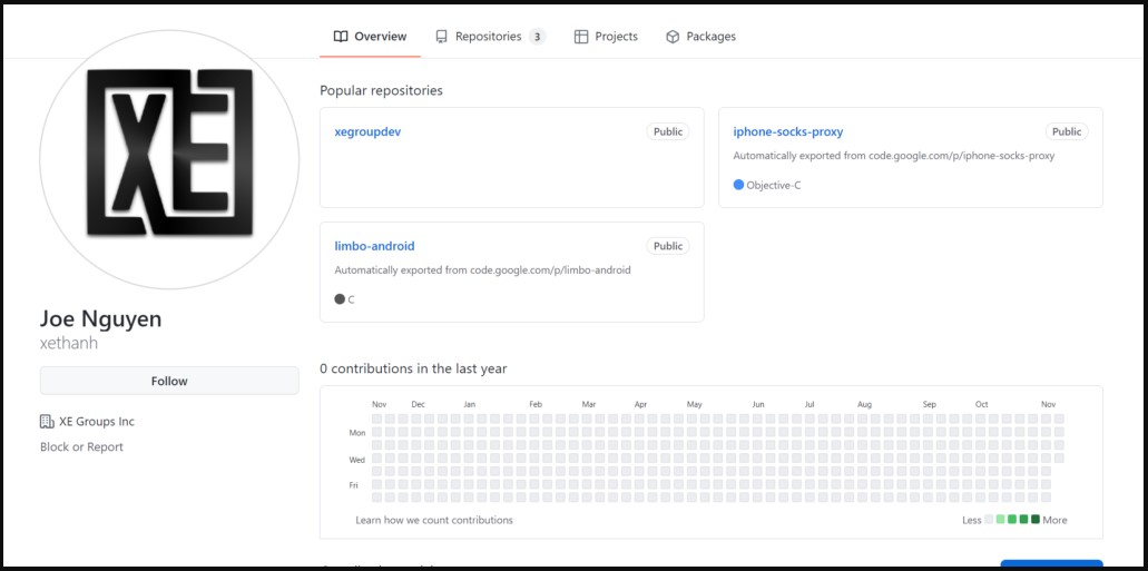 GitHub account belonging to an XE Group member