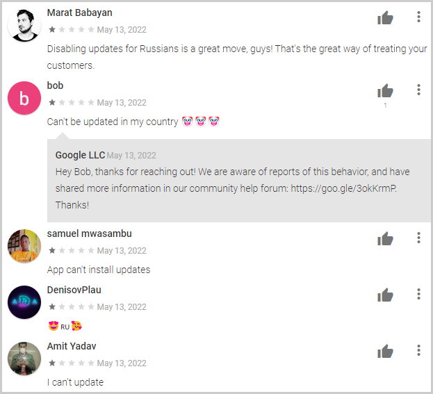 User comments on the Play Store