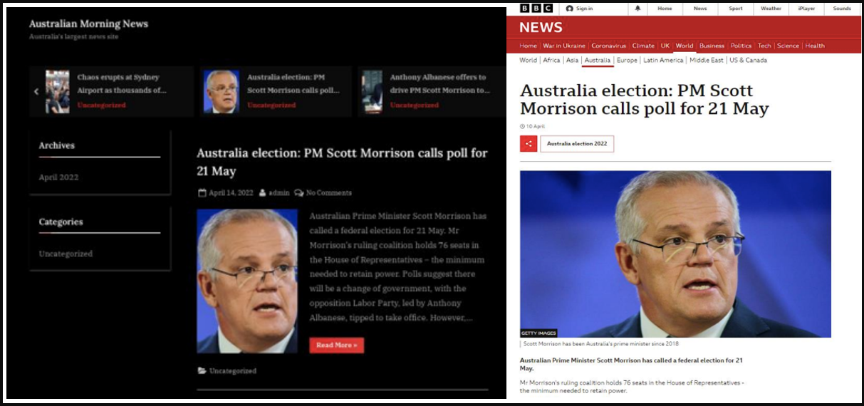 Phony website (left) featuring stolen content from the BCC