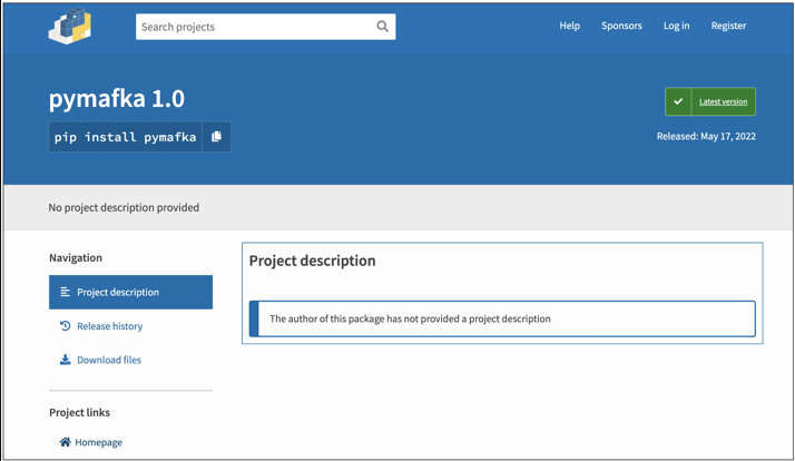 The PyMafka page on the PyPI registry