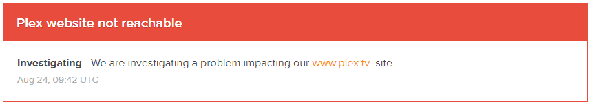 Web sitesi erişim sorunlarını bildiren Plex durum sayfası