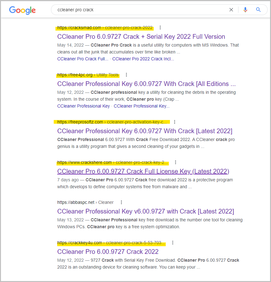 Google Search results pointing to malicious sites
