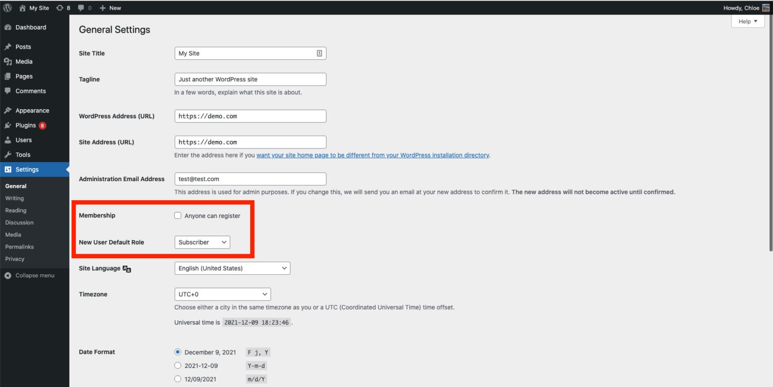 Checking settings on the site