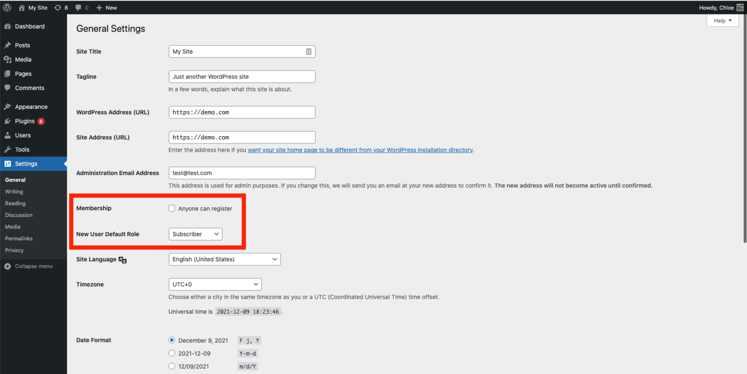 Verificando as configurações no site