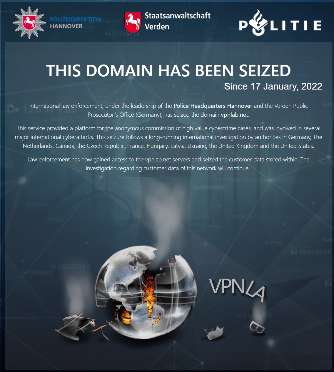 Notice of seizure on the VPN Lab site