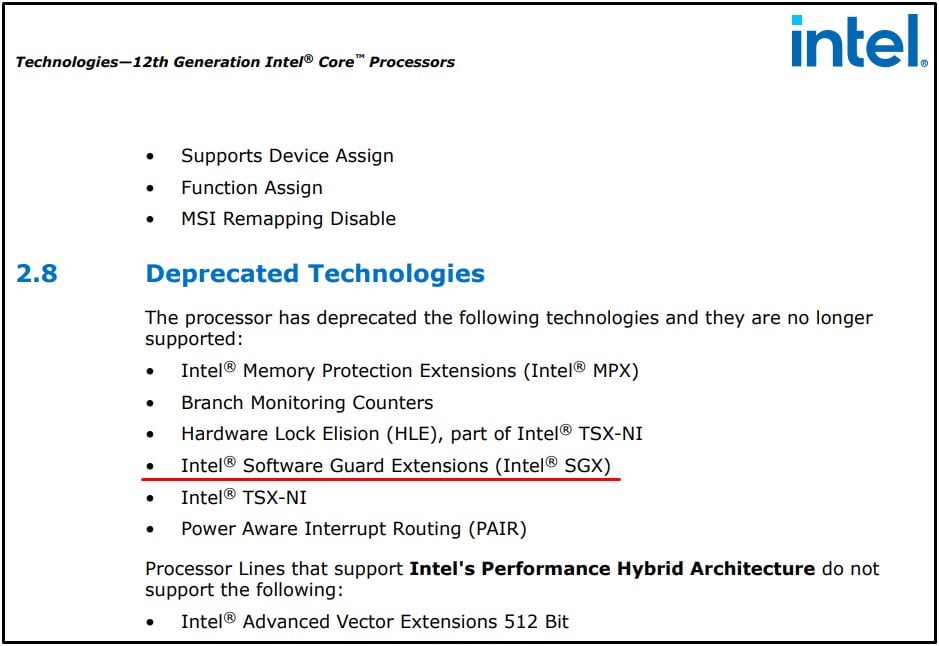 Ficha técnica de Intel para CPU de 12.ª generación