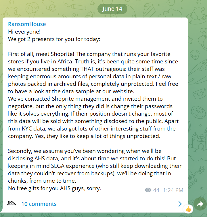 RansomHouse mocking Shoprite's security