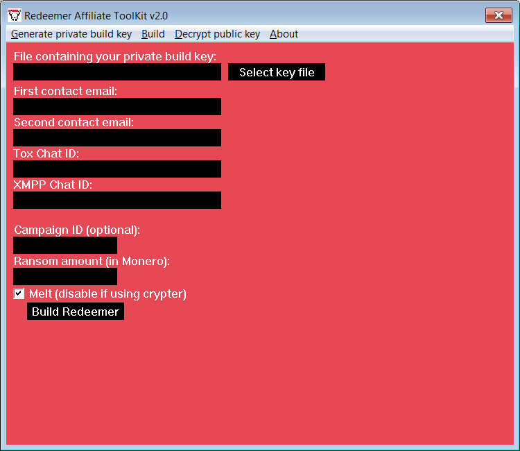 Redeemer ransomware GUI builder