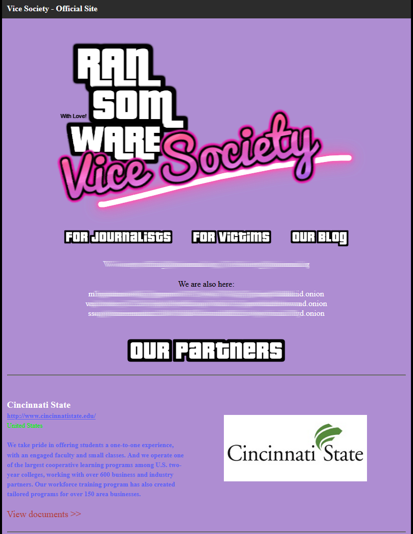 Cincinnati State College listed as most recent victim on Vice Society website