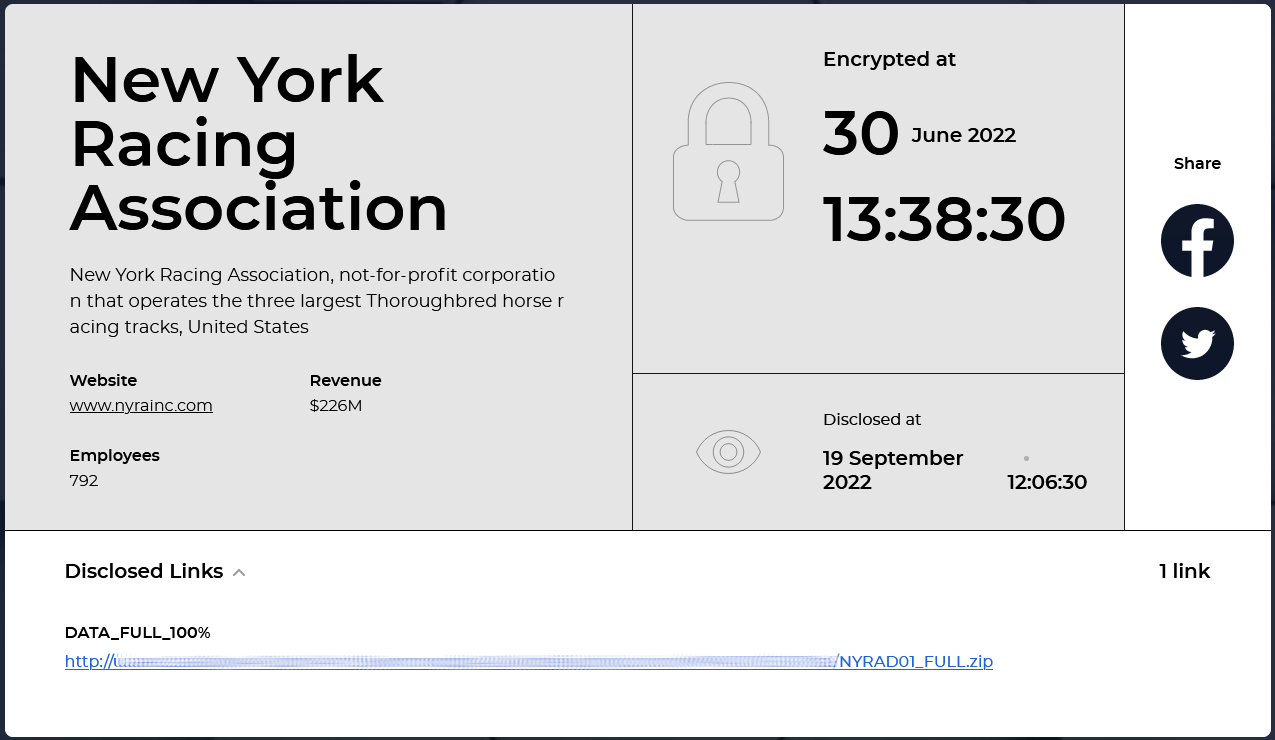 Hive ransomware announcing NYRA on leak site