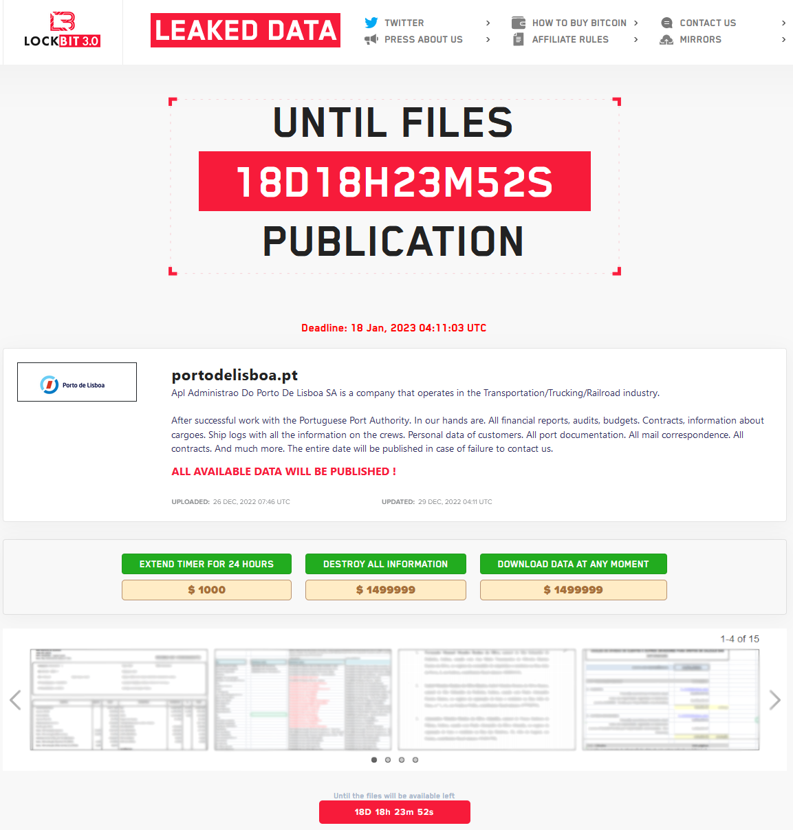 リスボン港が LockBit 3.0 Tor サイトに掲載されました