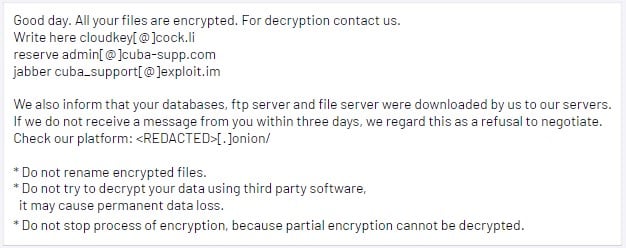 Cuba ransomware note to victims