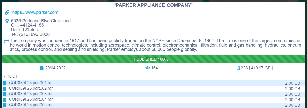 Parker listing on Conti's extortion site