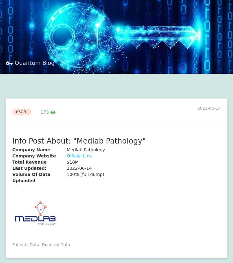 Quantum ransomware lists Medlab Pathology