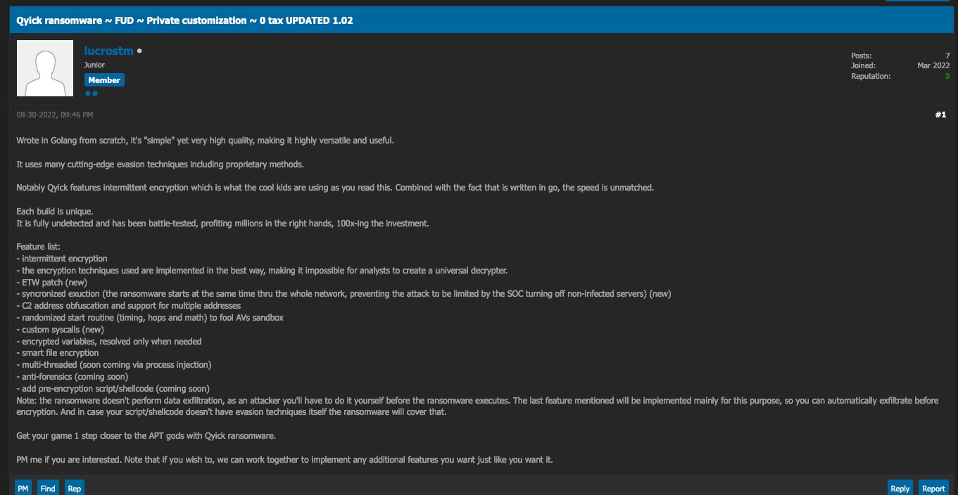 Qyick promoting its partial encryption features on forums