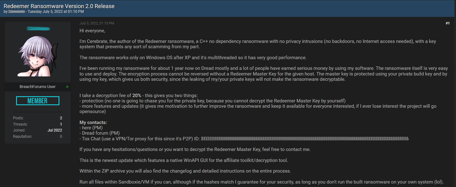 Redeemer's creator promoting the project on hacking forums
