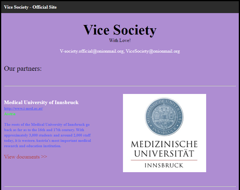 Medical University of Innbruck on Vice Society extortion site