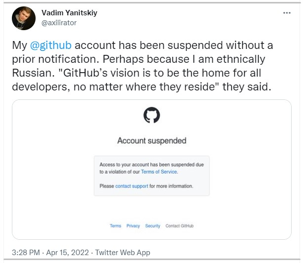 GitHub user complaining about unjustified account suspension