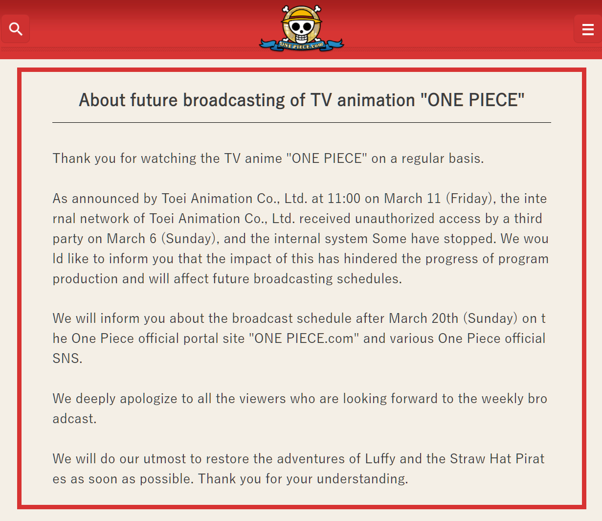 Avviso del sito web di One Piece ai fan della serie
