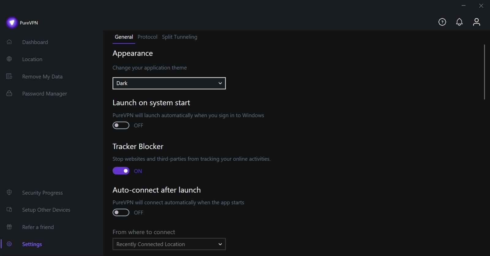 PureVPN app appearance