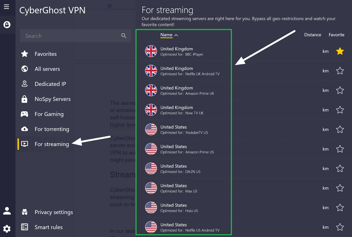 cyberghost streaming servers