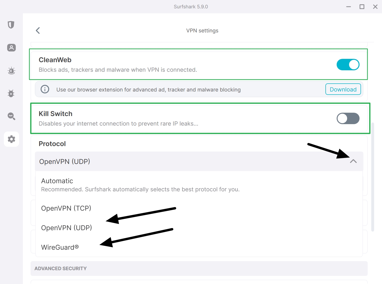 surfshark vpn settings