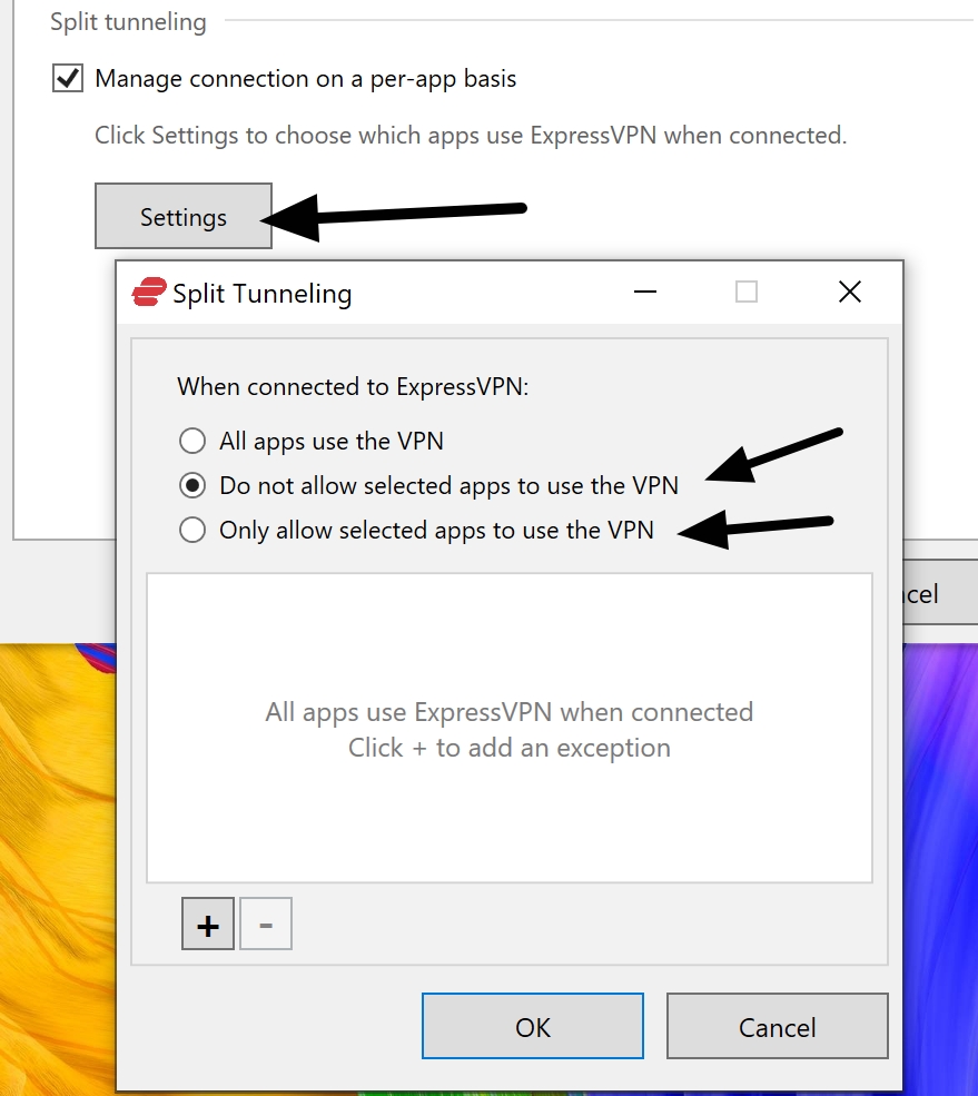 ExpressVPN podzielone tunelowanie