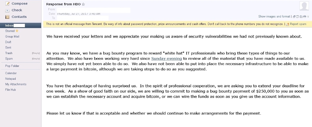 HBO email to Mr. Smith