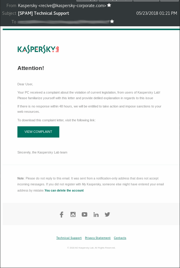 Cobalt Kaspersky-themed spear-phishing email