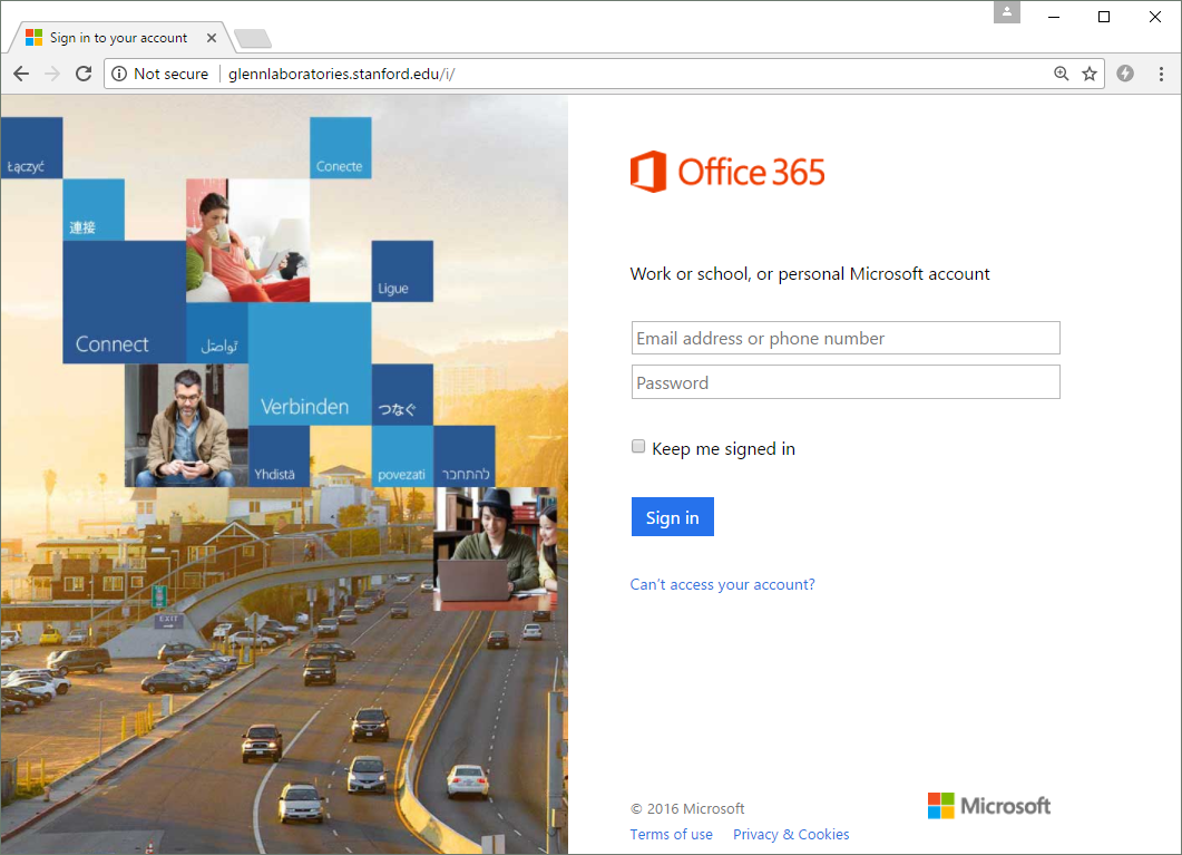 Office 365 phishing page hosted on the Stanford subdomain