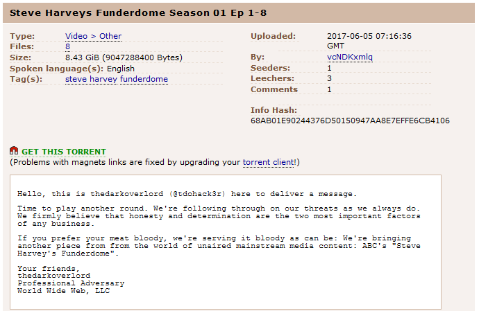 Snashot of Funderdome TDO leak on The Pirate Bay