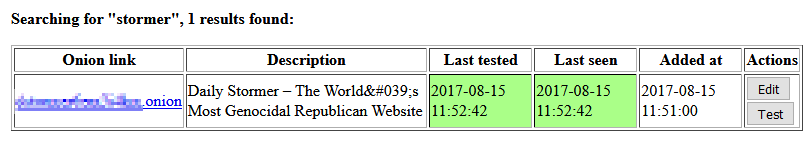 The Daily Stormer site showing up in a Dark Web scanner