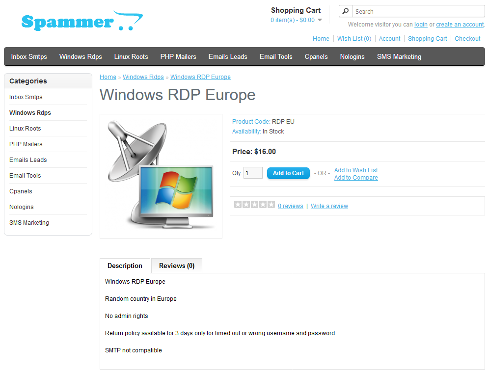 RDP server available for sale on Spammer store