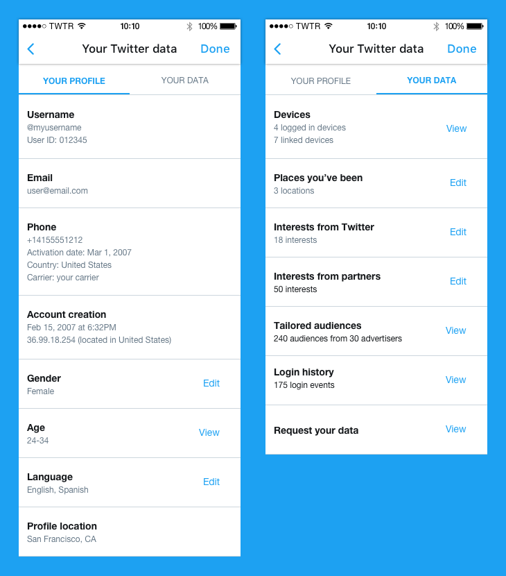 New Twitter settings page for managing user data