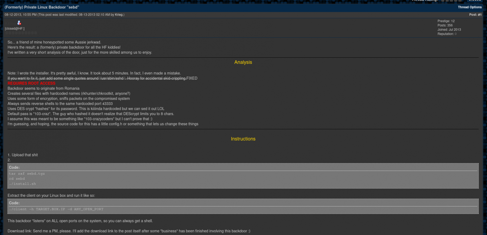 HackForums post for sebd rootkit