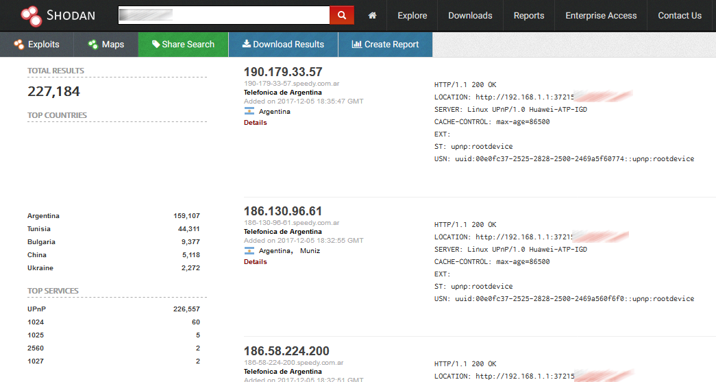 Shodan search for vulnerable Huawei devices