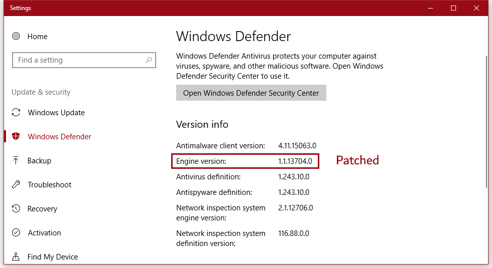 Patched Microsoft Malware Protection Engine