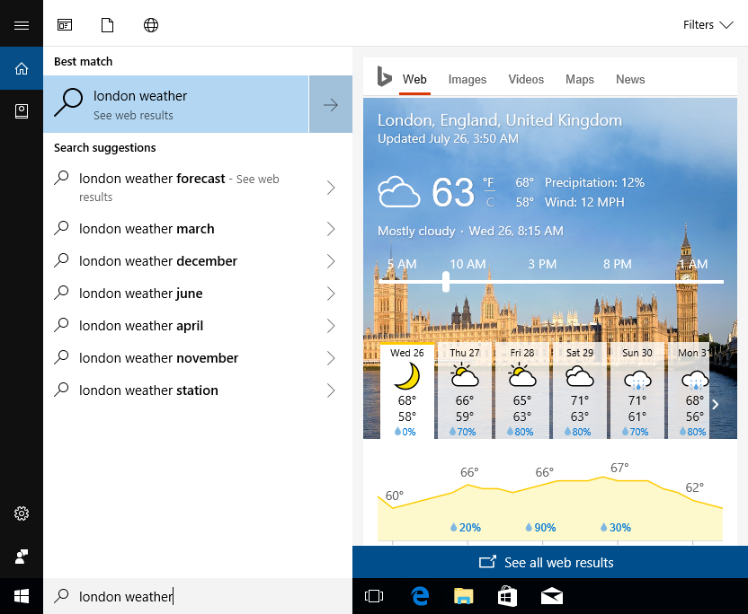 Showing search results in the Start Menu